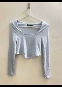 Light Blue Ribbed Long Sleeve Crop Top