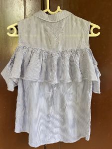 Blue Striped Cold Shoulder Ruffle Top