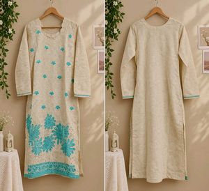 Cream & Turquoise Embroidered Kurti | Floral Work