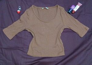 Y2K Brown Ribbed 3/4 Cropped  Sleeve Top