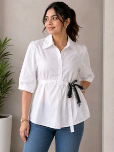 Chic White Peplum Top with Scarf Detail