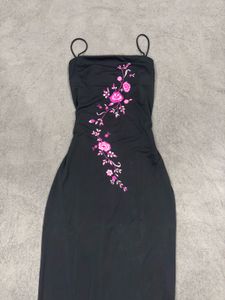 Black Embroidered Spaghetti Strap Dress