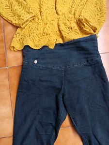 Mustard Yellow Lace  Top with high  waist jeans