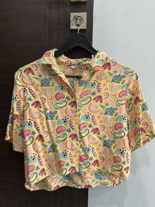 Yellow Abstract Print Cropped Shirt