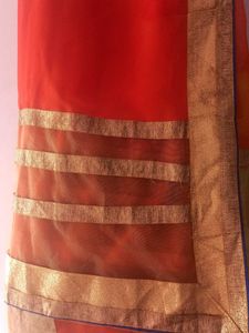 Elegant Orange Saree with Golden Border