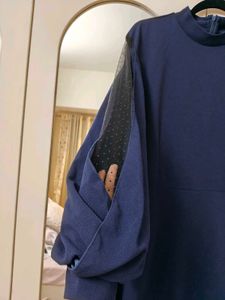 Navy Blue Dress with Sheer Sleeves