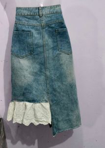Denim Midi Skirt with Lace Trim