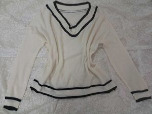Cream V-Neck Sweater with Black Trim