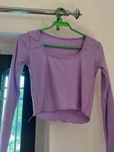 Purple Ribbed Cropped Long Sleeve Top