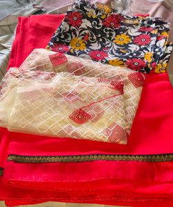 Vibrant Red Saree with Golden Border