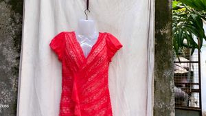 I. Red Lace Ruffle V-Neck Dress