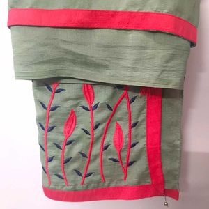 Elegant Green &amp; Red Embroidered Saree