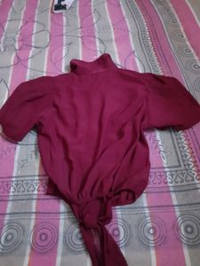 Burgundy Tie-Front Top with Sequin Pocket