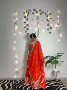 Vibrant Orange Sequin Lehenga Choli(semi stitched)