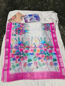 Vibrant Floral Print Saree LINEN DIGITAL