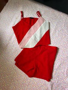 Red Two-Piece Set with Pink Stripe Detail