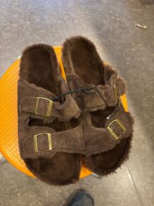 Furry Brown Buckle Slides
