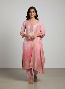 Pink Shaded Banarasi Kurta Set (Women's)
