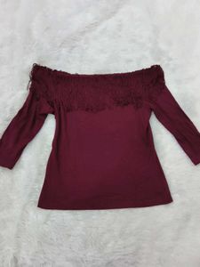 Maroon Off-Shoulder Fringe Top