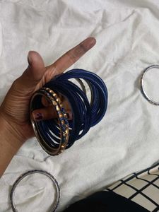 Navy Blue &amp; Gold Embellished Bangles Set