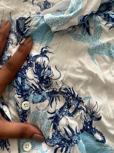 Blue Dragon Print Cropped Shirt
