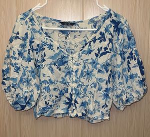 Blue Floral Puff Sleeve Cropped Top