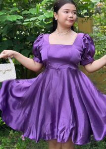 Satin Square Neck Puff Sleeve Dress