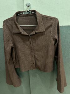 Brown Ribbed Collared Button-Up Top