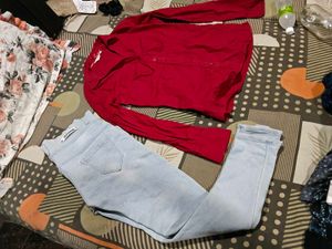 Red Button-Down Shirt & Light Wash Jeans