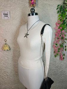 Cream Ribbed Knit Cropped Sweater