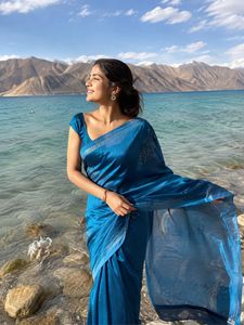 Teal Silk Saree with Embellishments