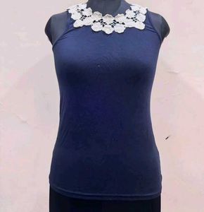 Navy Tank Top with Lace Collar