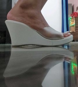 Stylish White Wedge Mules