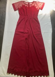 Elegant Red Lace Trim Jumpsuit