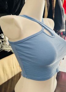 Blue Ribbed Halter Crop Top