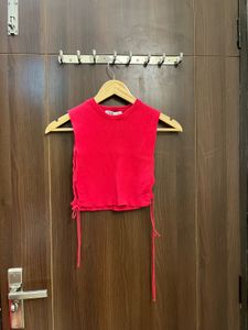 Zara Red Ribbed Tie-Up Crop Top