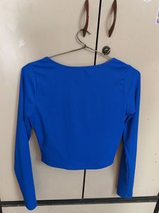 Blue Ribbed Square Neck Crop Top