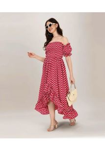 Chic Red &amp; White Chevron Off-Shoulder Gown