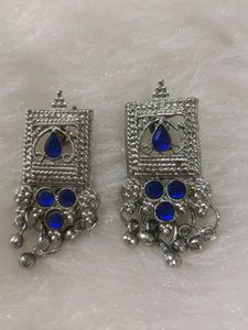 Silver Jhumka Earrings with Blue Stones