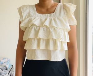Cute Korean Cream Ruffled Square Neck Top