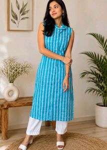 Blue Kurta with White Leaf Print