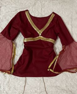 Elegant Maroon🥀 Short Kurta with Golden Embellish