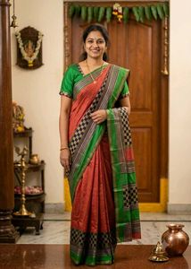 GentlyUsed CottonSilk Saree-RustBlackGreenStripes