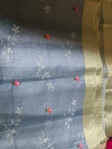 Beautifully Embroidered Grey Saree only no blouse