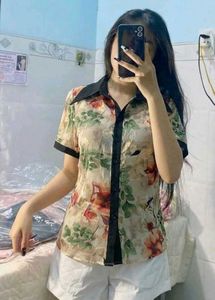 Sheer Floral Print Button-Up Shirt