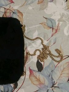 Black Faux Fur Sling Bag with Gold Chain