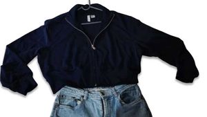 Navy Blue Cropped Zip-Up Jacket
