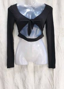 36209. Chic Black Tie-Front Cutout Top