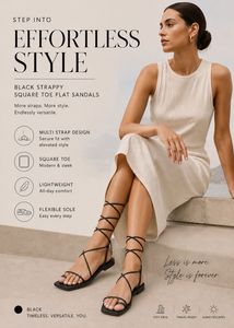 🇬🇧Black Strappy Square Toe Flat Sandals