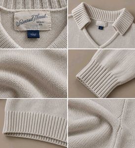 IVORY COLLARED V-NECK CROPPED KNIT SWEATER